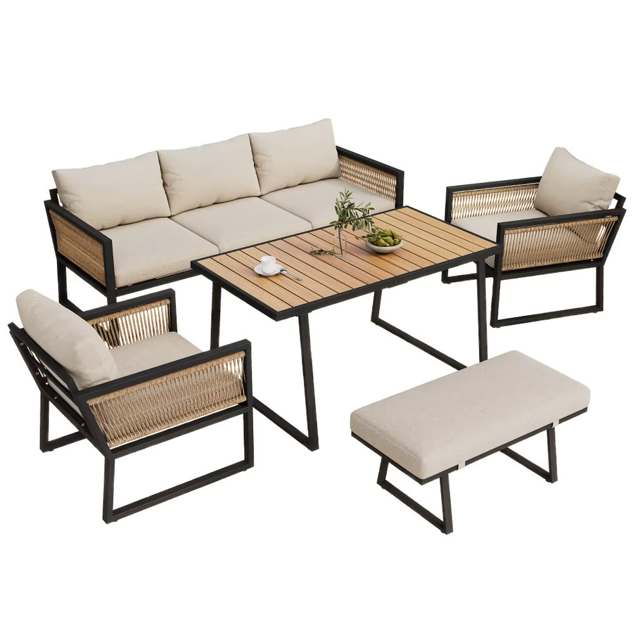 PINGGD Garten-Lounge-Set in Beige mit 3-Sitzer-Sofa, 2 Sesseln, Hocker und Esstisch aus Kunststoffholz und Metall - Bild 2