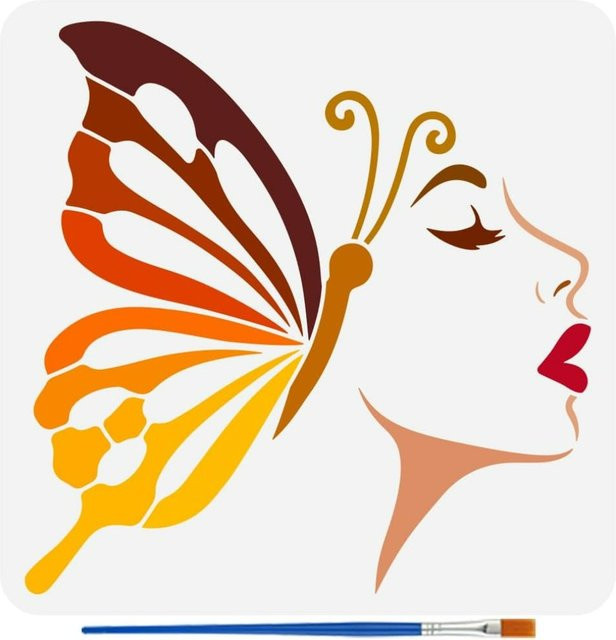 Wiederverwendbare Schmetterlingsfrau-Malschablonen mit Pinsel, Silhouette Damen-Gesicht, Multicolor, B/B: 30 x 30 cm - Bild 1