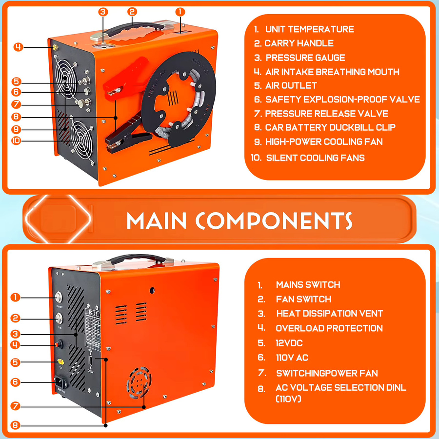 NUOGE PCP Luftkompressor 4500Psi 300bar mit Auto-Stop und eingebautem Netzteil, ölfrei und wasserfrei, Farbe: Orange - Bild 5