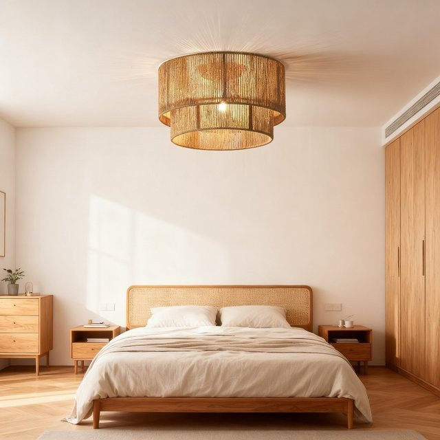 JOYINLED Boho Pendelleuchte aus Rattan und Seil in Beige, Vintage-Stil für Küche, Schlafzimmer und Esszimmer, Durchmesser: 45 cm - Bild 1
