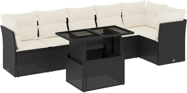 vidaXL 7-teilige Garten-Sofagarnitur in L-Form aus schwarzem PE-Rattan mit cremeweißen Polsterkissen und Gartentisch - Bild 1