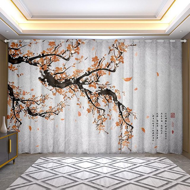 Yiran Furniture Vorhänge mit chinesischem Pflaumenblüten-Print, 2er-Set, halbtransparent, Polyester, Mehrfarbig, B: 100 cm, H: 130 cm - Bild 1