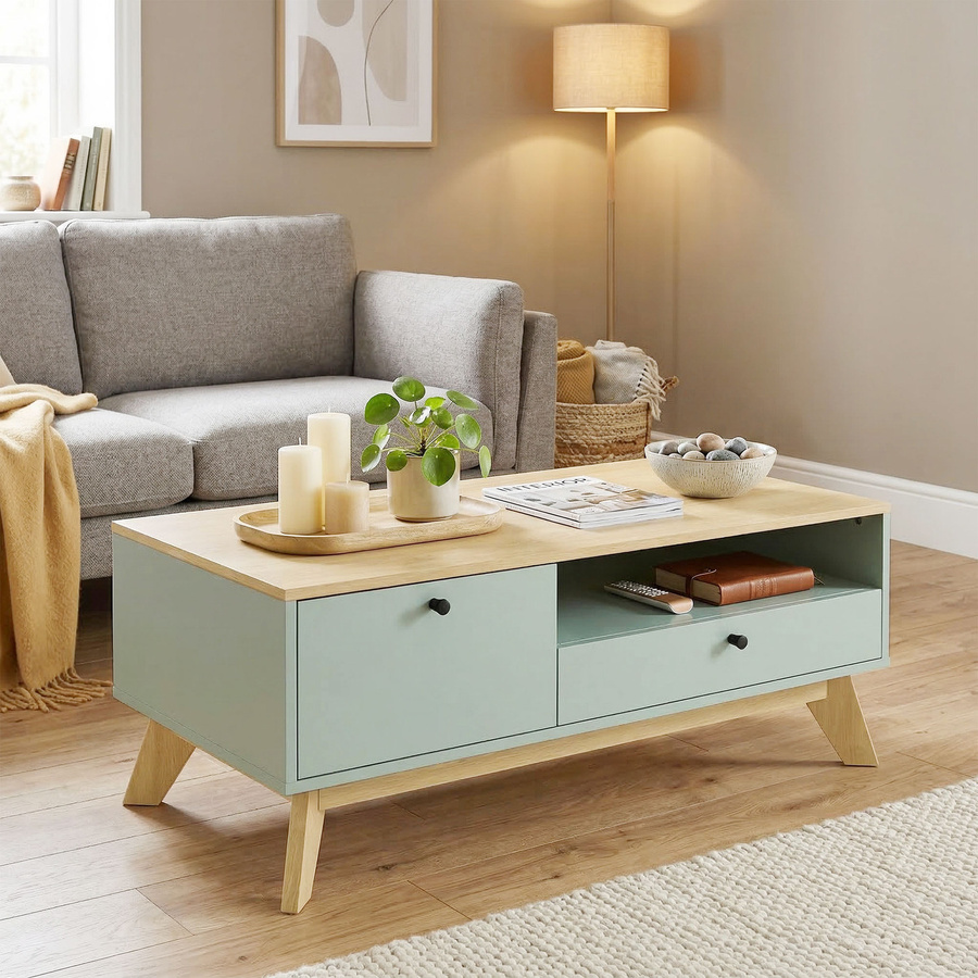 HOMCOM Couchtisch in Hellgrün und Eiche, rechteckiger Beistelltisch mit Schublade, Tür und offenem Fach, B/T/H: 100 x 50 x 40 cm - Bild 2
