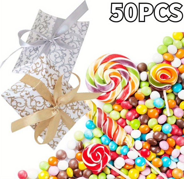 50 Stück Kissen Candy Box Geschenkverpackungen mit Band in Gold und Weiß mit Fantasiemuster aus Papier für Hochzeiten und Weihnachten - Bild 1