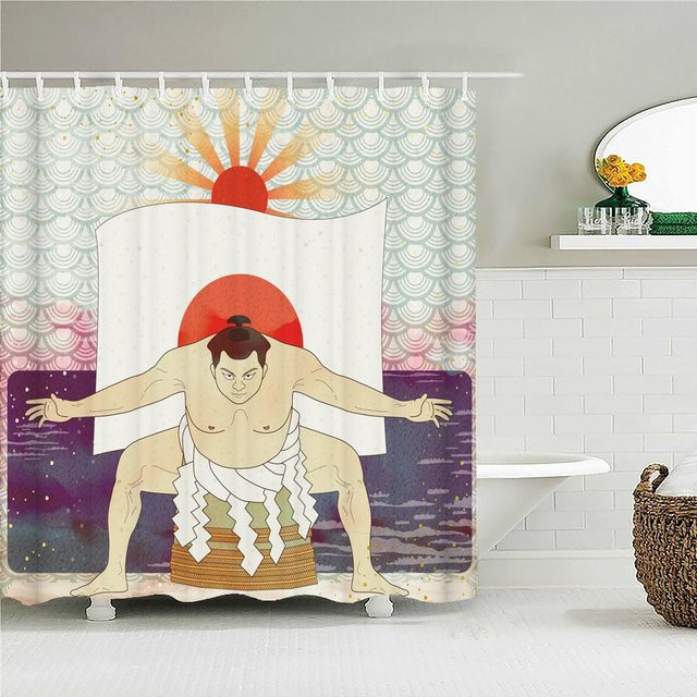 Wasserdichter Duschvorhang aus Polyestergewebe mit Samurai-Landschaft und Wellen-Design in Multicolour, B: 90 cm, H: 180 cm - Bild 1