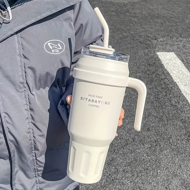 VRIUKNT Edelstahl-Thermosbecher in Braun mit 1450 ml Fassungsvermögen und Strohhalm für Outdoor, Sport und Fitness - Bild 3