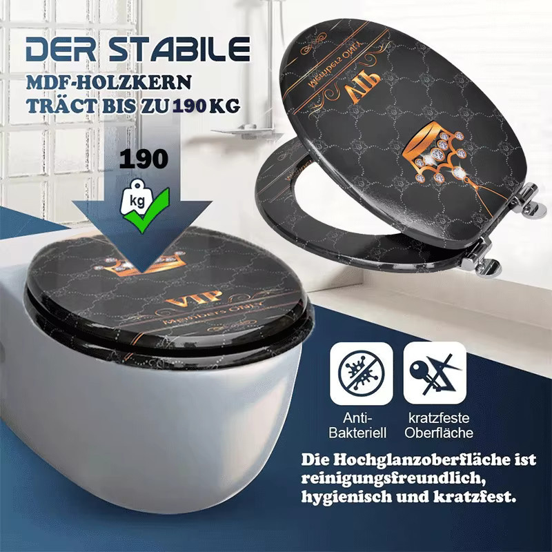 Sainos MDF WC-Sitz mit Absenkautomatik in Schwarz und Gold, oval mit Soft-Close-Funktion, Breite: 43,0 cm, Tiefe: 37,0 cm - Bild 2