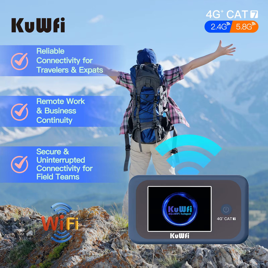 KuWFi CAT7 4G LTE Router mit 1200 Mbit/s, tragbares Reise-Mobilmodem mit 3000 mAh Akku und USIM-Steckplatz für bis zu 10 Benutzer - Bild 3
