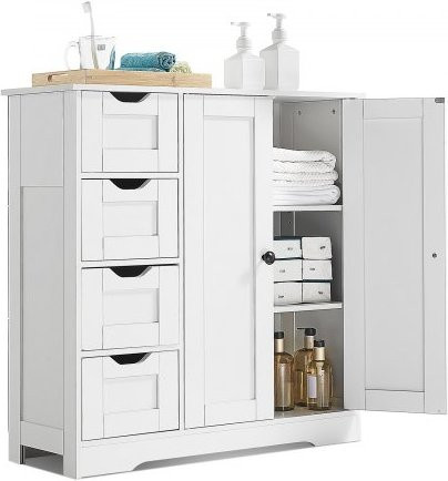 VEVOR Badezimmerschrank aus Holz mit 3 Ebenen, weißer Standschrank mit 2 Türen, 4 Schubladen und verstellbarem Regalfach für Bad, Küche oder Flur - Bild 1