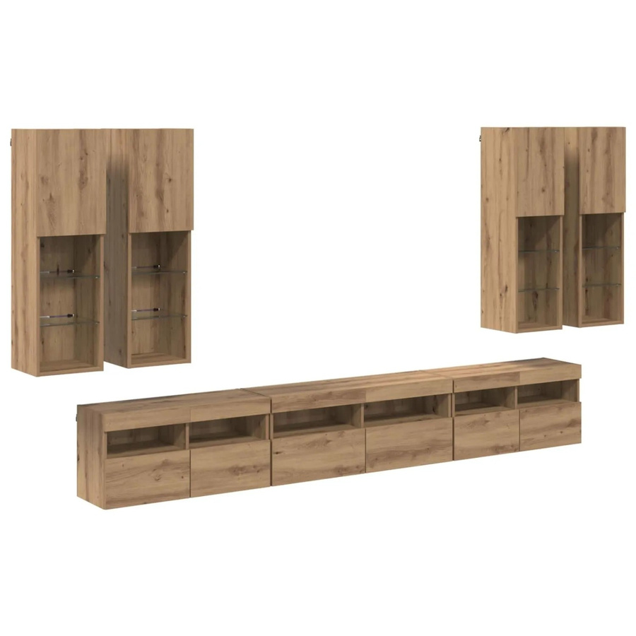 vidaXL TV-Wandregal-Set aus Holzwerkstoff in Artisan-Eiche, 7-teiliges Set zur Wandmontage, Farbe Braun, Set-Inhalt: 4 x L: 30,5 cm, B: 30 cm, H: 102 cm; 2 x L: 60 cm, B: 30 cm, H: 40 cm; 1 x L: 100 cm, B: 30 cm, H: 40 cm - Bild 2
