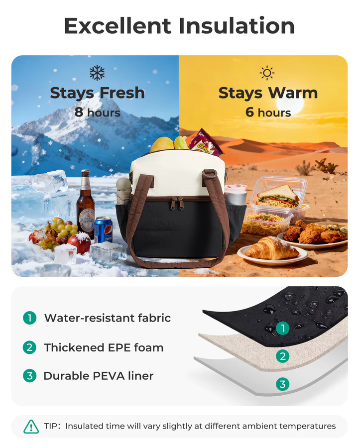 BAGSMART Isolierte Lunchtasche mit Schultergurt, tragbare Thermo-Kühltasche für Büro und Schule, Schwarz/Weiß - Bild 2