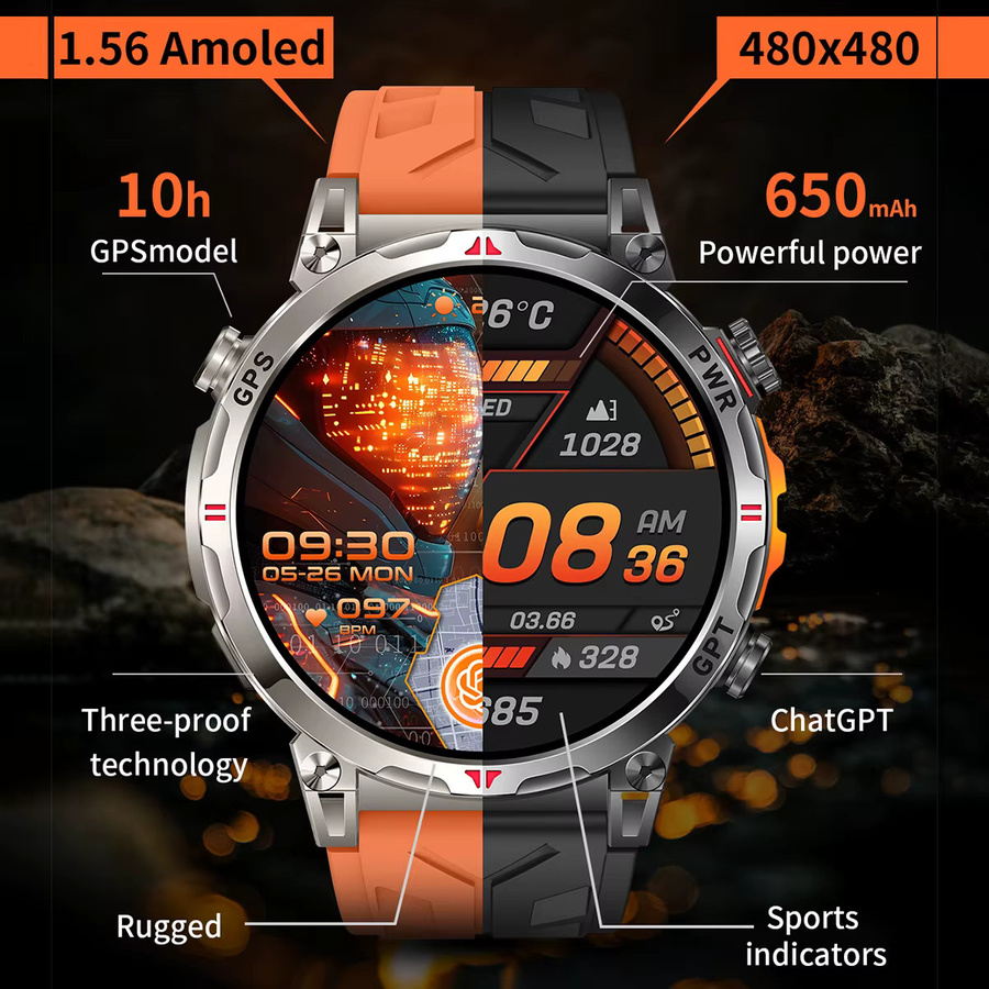 Vwar T-Rex3 Pro Military Smartwatch mit GPS, Kompass und Bluetooth für Anrufe, 5ATM wasserdicht, Farbe: Orange/Schwarz - Bild 3