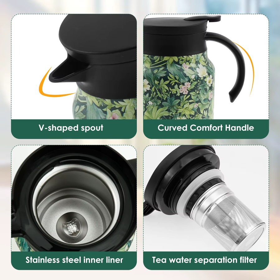 Willstar Vintage Floral Thermoskanne aus Edelstahl mit Tee-Ei und Infuser, 1000 ml, Mehrfarbig - Bild 3