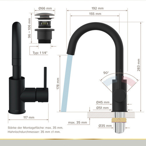 LENZ Waschtischarmatur BOW² aus Messing in Schwarz-Matt mit Schwenkauslauf und Pop-up-Abfluss - Bild 2