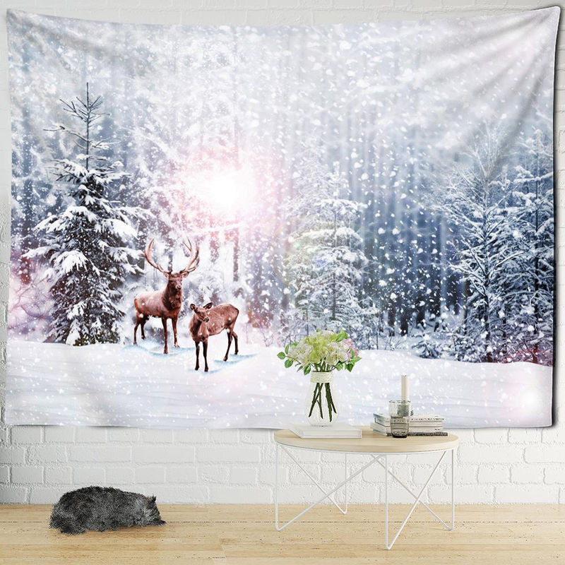 Wandteppich mit Elch-Schneeszene im Bohemian-Stil, Super Six Textil-Wandbehang für Weihnachten, Farbe Weiß, B/H: 95 x 70 cm - Bild 1