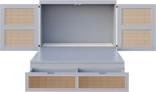 KOMHTOM Schrankbett mit Lattenrost und Stauraumschubladen, vertikales Wandklappbett in Grau mit Rattan-Design, B/T/H: 140 x 200 cm - Bild 1