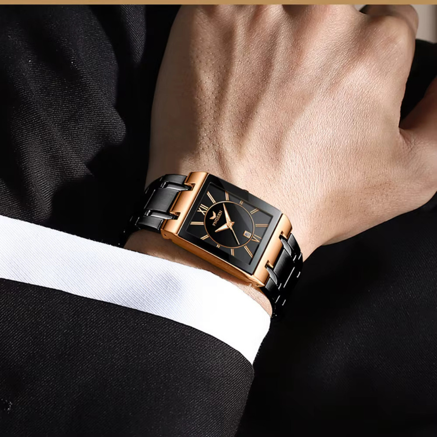 Fngeen Armbanduhr Quarz, Edelstahl, Gold, Herren, Datum, Rechteckig - Bild 2