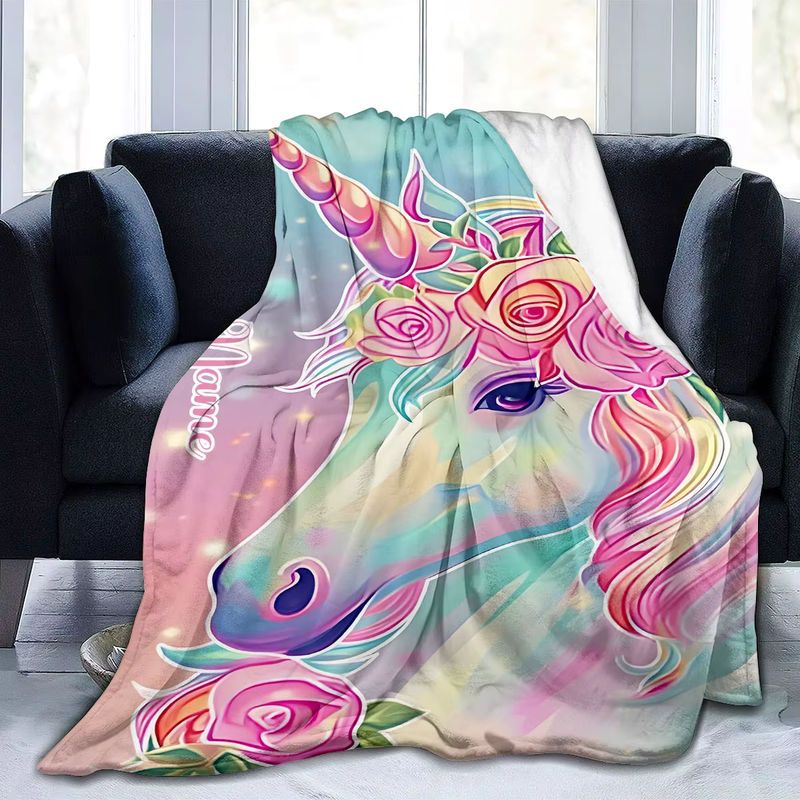 Personalisierte ZIZ Decke mit Namen und Einhornmuster in Rosa und Blau - Bild 3