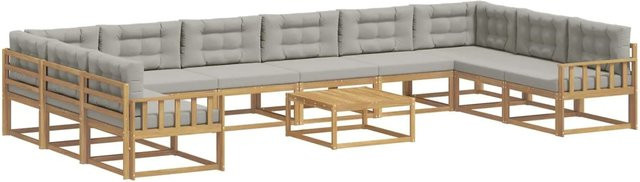 vidaXL Outdoor-Sofagarnitur in L-Form aus massivem Akazienholz mit 11 Kissen in Weiß und Hellgrau - Bild 1