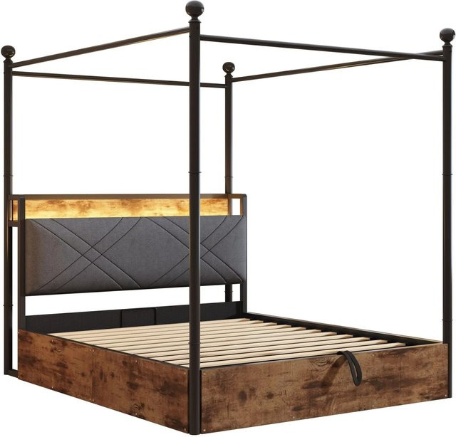 Merax Doppelbett mit Baldachin in Schwarz, inklusive LED-Unterbettbeleuchtung und USB-Ladeport, B/T/H: 140 x 190 x 208,6 cm - Bild 1