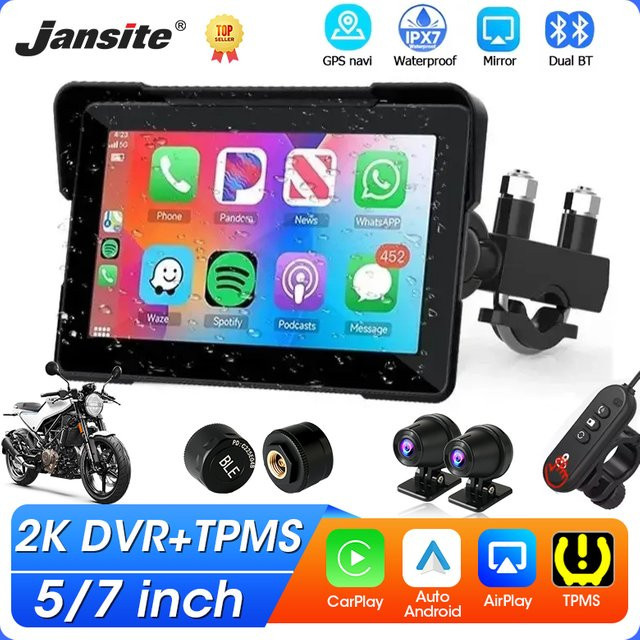 Jansite Tragbares Carplay Motorrad-Navigationsgerät mit GPS und DVR, IPX7-wasserdichtes LCD-Display für kabelloses CarPlay und Android Auto, Schwarz, 5/7 Zoll - Bild 1