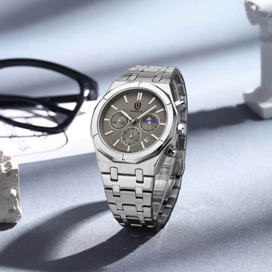 QINGXIYA Chronograph, Quarz, Edelstahl, Grau, Silber, Herren - Bild 4