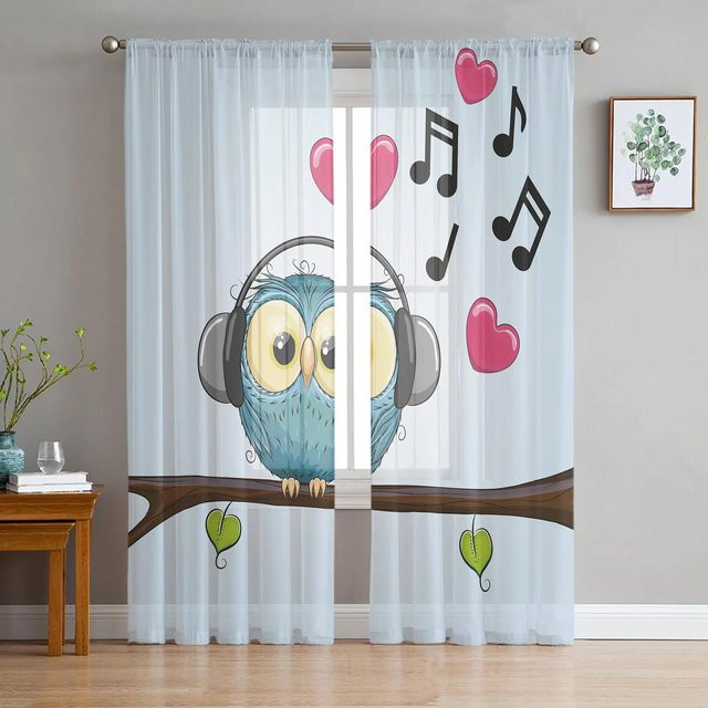 Yiran Furniture Tüllgardine mit Kaninchen Herz und Blumen Motiv in Blau, Transparentes Organza Voile für Wohnzimmer, Schlafzimmer und Küche, B: 135 cm, H: 115 cm - Bild 1