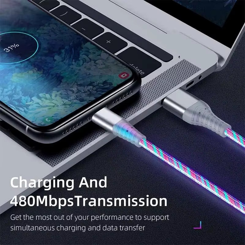Flow Luminous USB Typ-C 5A Schnelllade-Datenkabel mit LED-Leuchte in Grün und Multicolour für Samsung Xiaomi iPhone 15 16 17 Pro Max - Bild 4