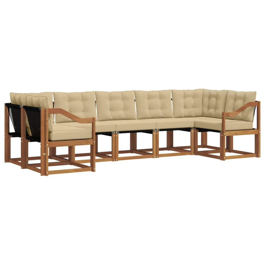 vidaXL Outdoor-Sofagarnitur 7-teilig L-Form aus Akazienholz und Textilene in Natur und Beige mit Kissen und Armlehnen - Bild 2
