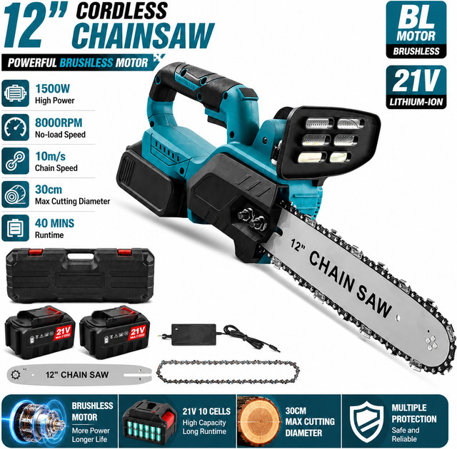 Makita 12 Zoll Kabellose Bürstenlose Kettensäge für 21V Akku, 1500W Elektrische Kettensäge mit 10m/s Kettengeschwindigkeit, Tragbares Holzschneidewerkzeug - Bild 1