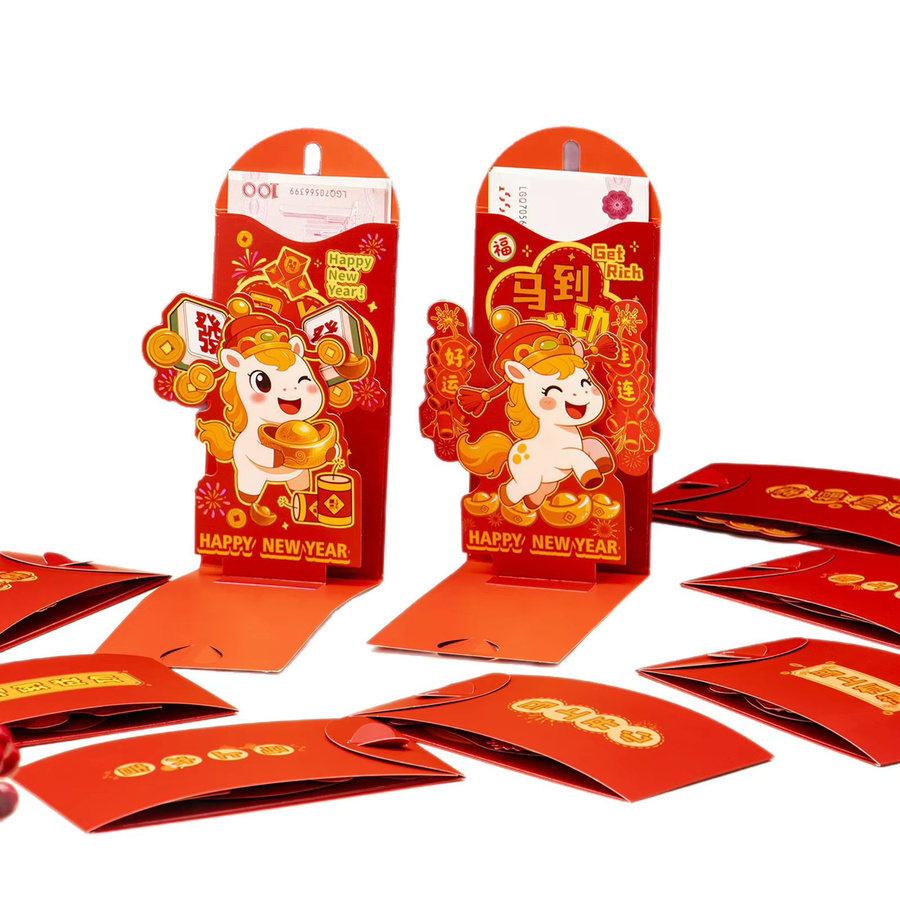 6er Set rote 3D-Glücksumschläge für das chinesische Neujahr 2026 mit Pferd-Motiv aus Papier - Bild 2