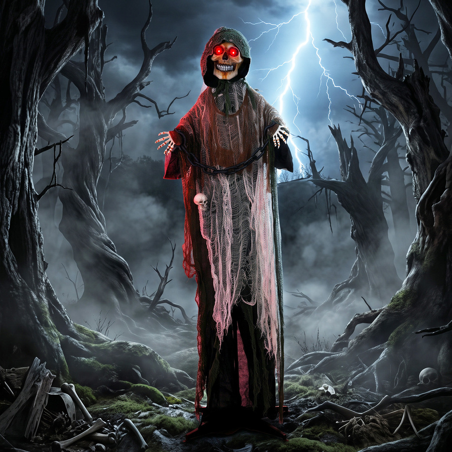 Aosom HOMCOM Halloween Animierter Sensenmann Lebensgroß mit leuchtenden Augen, Sound- und Berührungsaktivierung, Höhe: 170 cm, Farbe: Rot/Schwarz - Bild 2