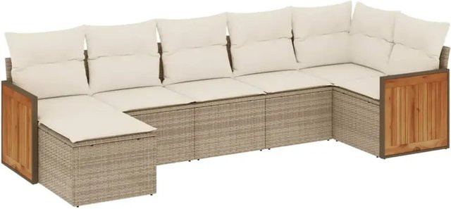 vidaXL 7-teilige Garten-Sofagarnitur aus Poly-Rattan und Akazienholz in Beige-Creme mit Kissen - Bild 1
