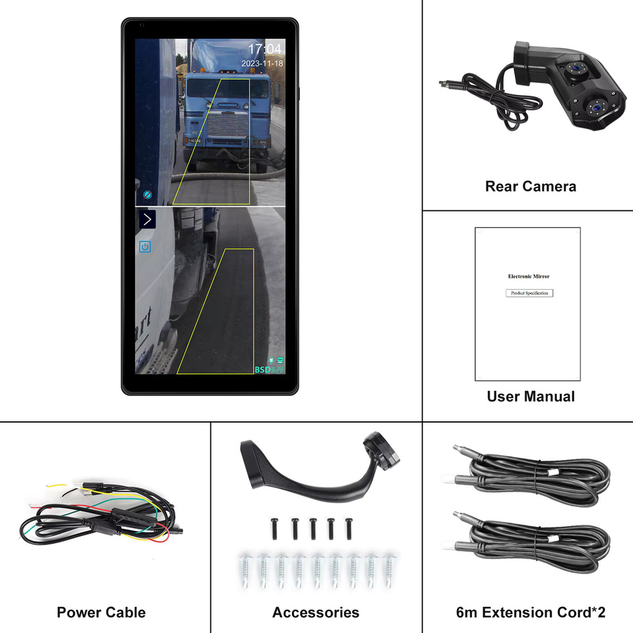 Podofo Elektronisches Rückspiegelsystem für LKW mit 10,36 Zoll HD 1080P IPS Touchscreen DVR-Recorder, Dual-Kamera, BSD Totwinkel-Erkennung und Nachtsicht, Schwarz - Bild 7