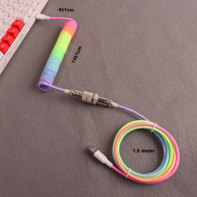 LANO Spiralkabel für Tastatur USB auf Typ-C mit GX16 Aviator-Stecker in Regenbogenfarben - Bild 1