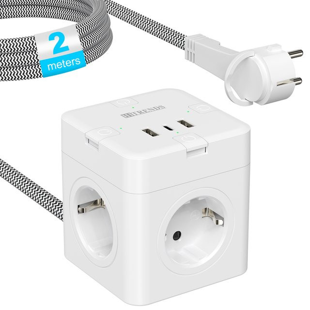 HITRENDS Steckdosenleiste mit 4 Schaltern und Flachstecker, 4 AC-Steckdosen, 2 USB-A und 2 USB-C Anschlüsse für Schnellladung, Farbe: Weiß, Kabel: 2 m geflochten - Bild 1