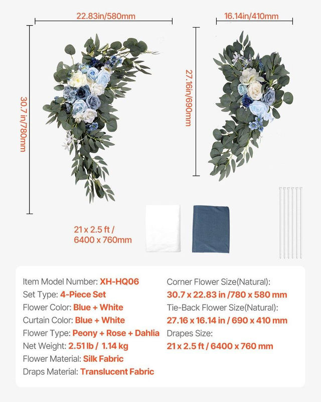 Buying Solutions, MB Hochzeits-Dekorationsset mit künstlichen Blumen und Textil-Voilages in Blau und Weiß im Bohemian-Stil - Bild 2