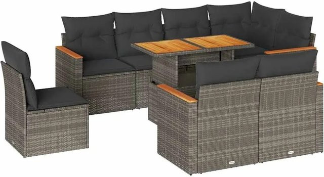 vidaXL 9-teilige Garten-Sofagarnitur aus Poly-Rattan und Akazienholz in Grau mit Kissen - Bild 1
