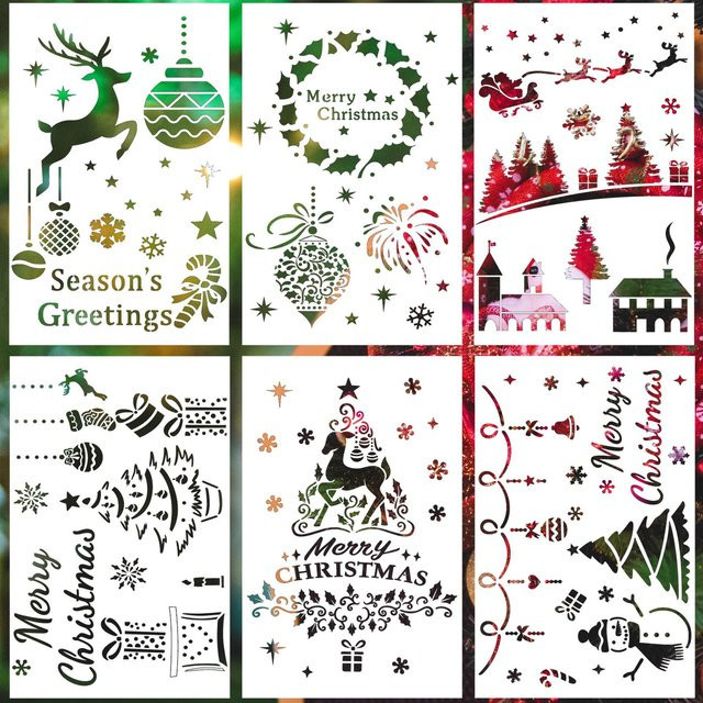 6 Stück wiederverwendbare PET-Schablonen mit Weihnachtsmotiv für Wandspraymalerei und DIY-Dekoration - Bild 1