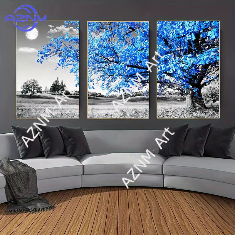 3-teiliges Leinwandposter AZNM mit blauem Baum in grauer Landschaft, skandinavische Wandkunst im Hochformat, rahmenlos - Bild 5