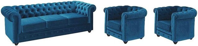 Vente-unique Chesterfield Couchgarnitur aus Samt mit 3-Sitzer-Sofa und Sessel in Blaugrün, Breite: 205 cm, Tiefe: 88 cm - Bild 1