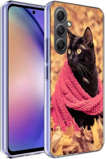Handyhülle mit Herbst-Ahornblatt und schwarzer Katze für Samsung Galaxy Modelle (A12, A14, A16, A22, A23, A24, A26, A32, A34, A36, A37, A52S, A56, A57, A02S, A04S, A06, A07) in Schwarz und Multicolour - Bild 1