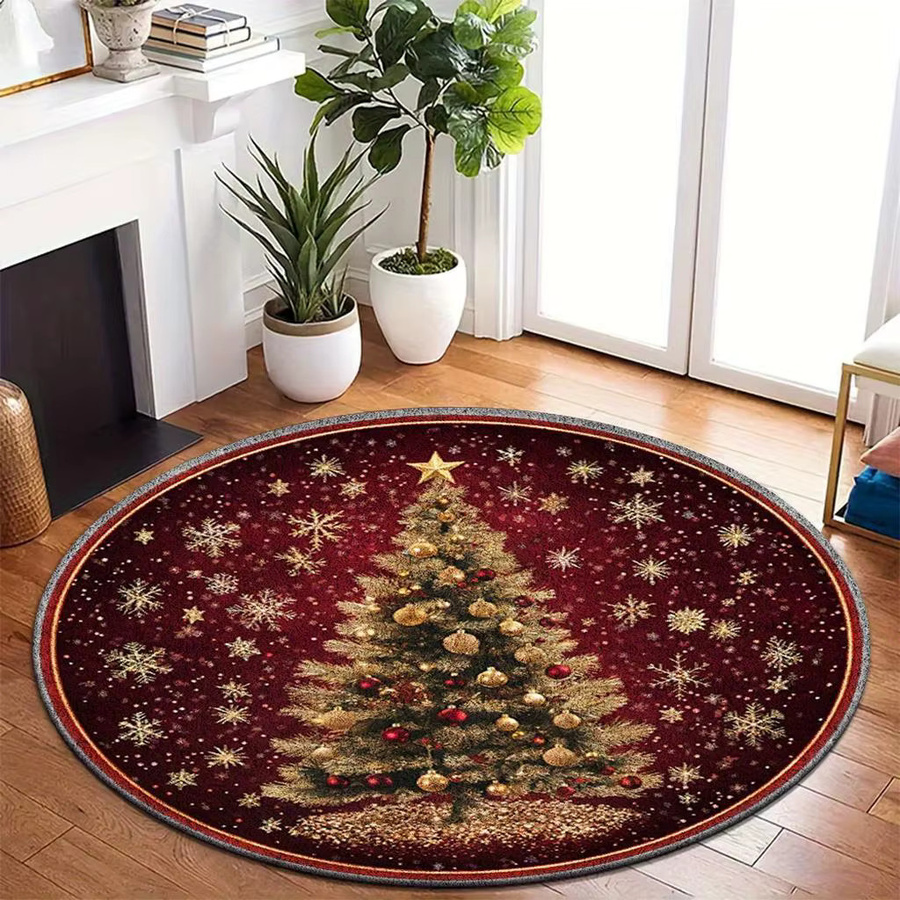 VIKAMA Rund Teppich mit Weihnachtsmuster in Purpurrot und Schneeflocken-Design für Wohnzimmer und Schlafzimmer, Durchmesser: 80 cm - Bild 3