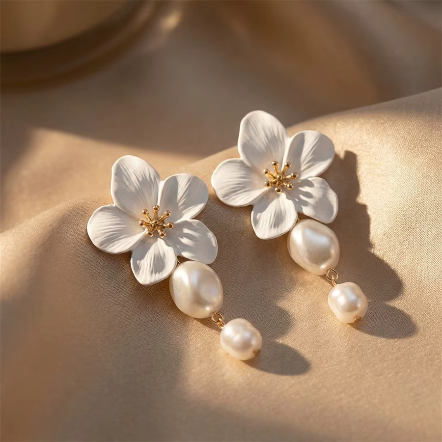 Rinhoo Ohrhänger, weiße Blumen, Perle, Damen - Bild 4