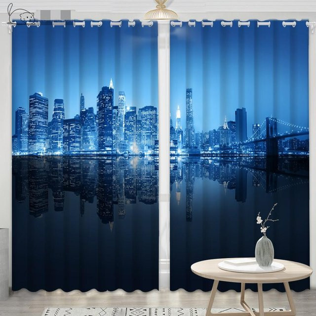 Modernes Vorhang-Set mit New York City Skyline Nachtansicht in Schwarz Weiß und Blau, halbtransparentes Design mit Ösen, B/H: 50 x 50 cm, 2er-Pack - Bild 1