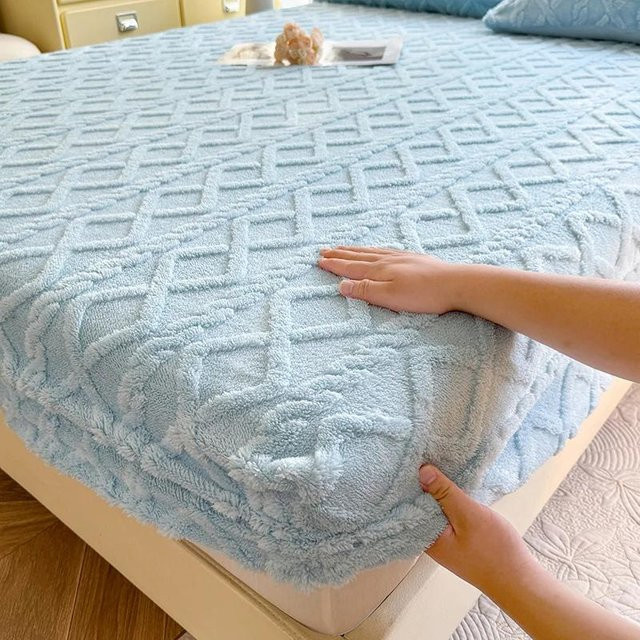 Warmes Spannbettlaken aus Taft-Samt und Fleece für den Winter, Blau, B/T/H: 90 x 200 x 25 cm - Bild 1