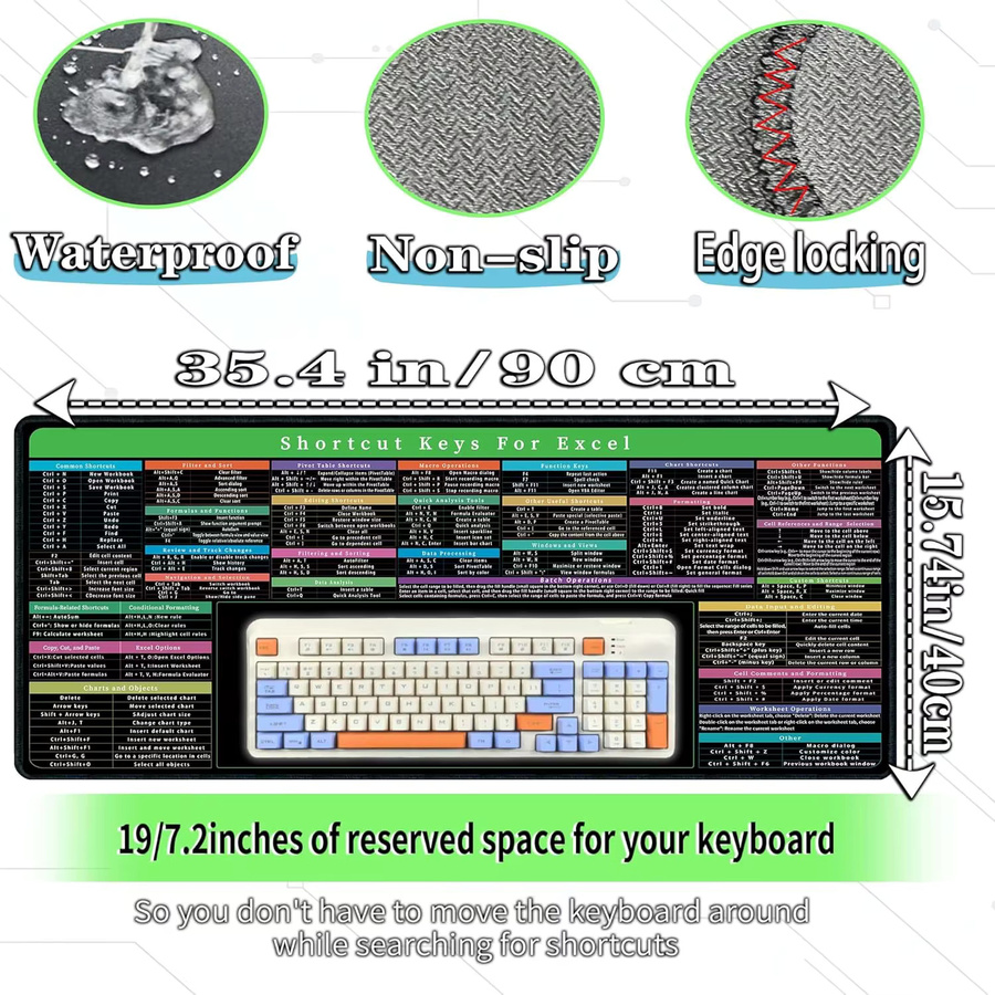 YSAGi Excel Cheat Sheet Schreibtischunterlage mit Tastaturbereich, rutschfest und wasserdicht, Breite: 60,0 cm - Bild 2