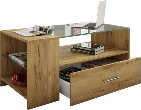 VCM Couchtisch Tindala aus Holzstruktur-Nachbildung und ESG-Sicherheitsglas in Braun, B/T/H: 100 x 50 x 45 cm - Bild 1