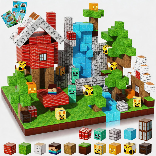 Pixel Mining Magnetisches Waldhaus-Würfel-Baustein-Set, 100 Teile, ab 3 Jahre - Bild 1