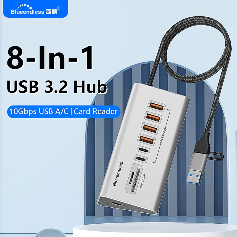 Blueendless USB-C Dockingstation Aluminium 10Gbps USB 3.2 Gen2 4/10-Port HUB Splitter Adapter für PC Laptop MacBook in Silber - Bild 2
